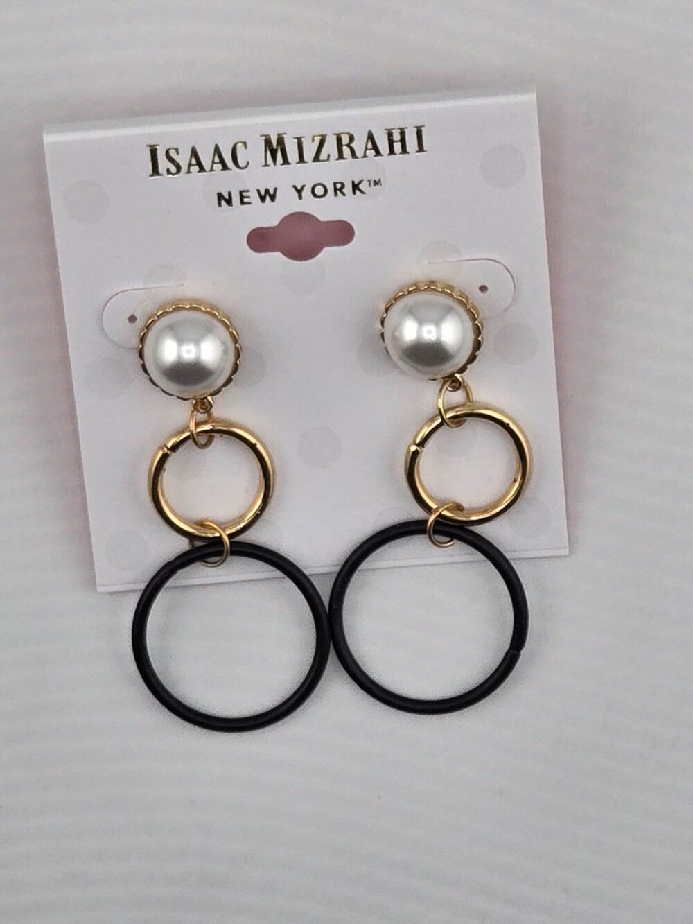 Isaac Mizrahi New York Faux Pearl Double Hoop Drop Earrings Gold Black NWT
